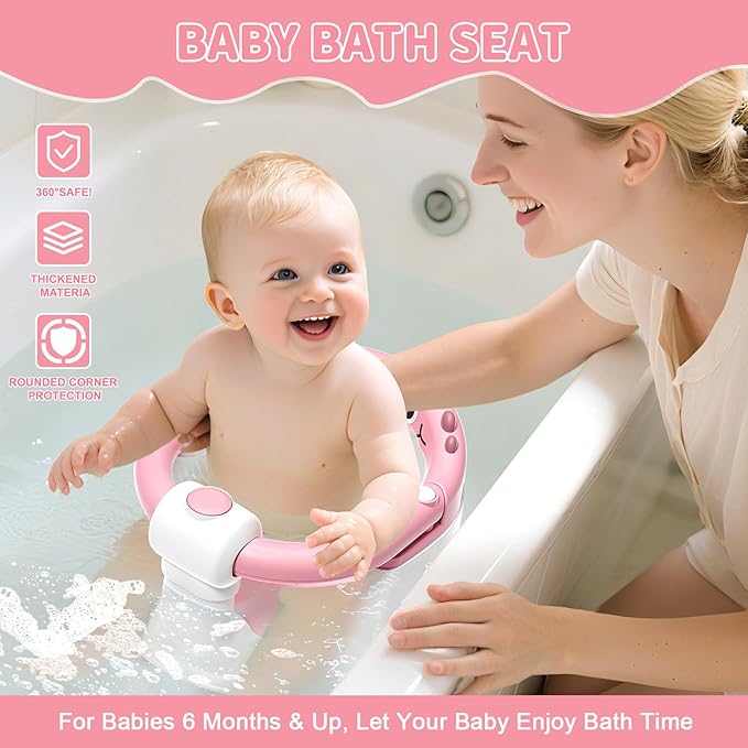 TPN Baby Bath Seat for Babies 6 Months & Up, Non-Slip Toddler Bath Seat with 5 PCS Waterproof Emoji Stickers, Portable Infant Bath Seat for Baby(Pink)