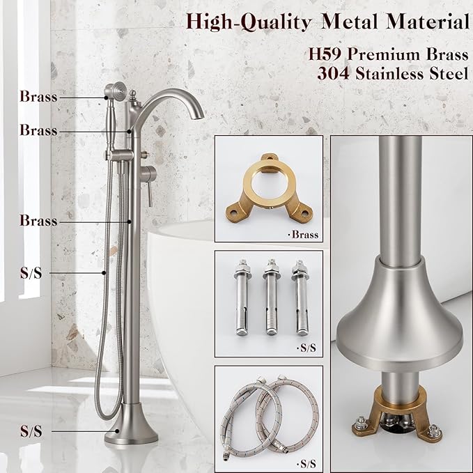 Freestanding Tub Faucets, Classic Freestanding Bathtub Faucet with Retro Handheld Sprayer High Flow Max 7.04GPM Floor Mount Tub Filler Swivel Spout Bath Tub faucet Brushed Nickel (WT-9002BN)
