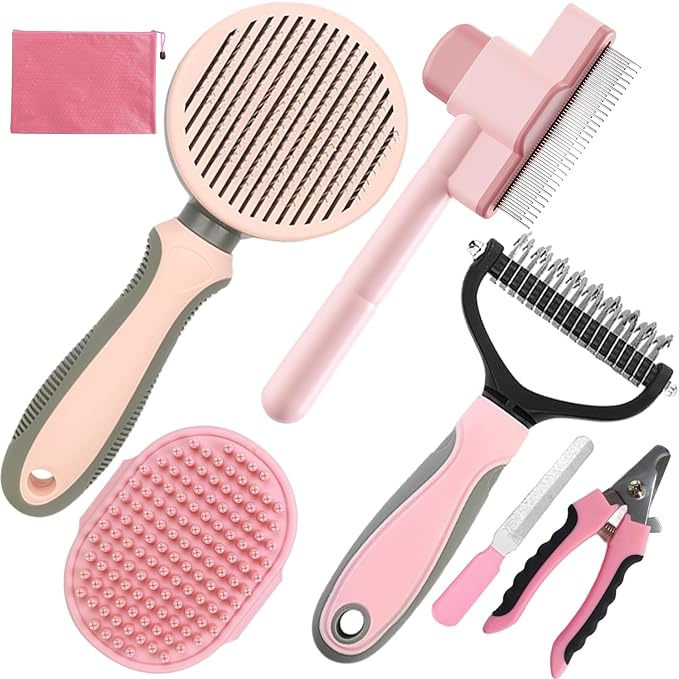 Pet Grooming Kit - 7 PCS Deshedding Brush Set with Slicker, Undercoat Rake, Bath Brush & Nail Clipper for Short & Long Haired Dogs, Cats (Pink)
