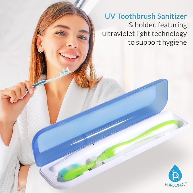 Pursonic Portable UV Toothbrush Sanitizer Case - Travel Toothbrush Sanitizer and Holder - For Electric and Manual Brush Heads with UV Light & Auto Shut Off Timer