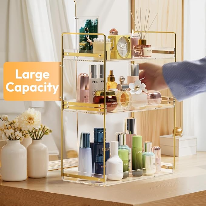 Bathroom Countertop Organizer, 3 Tier Acrylic Tray Vanity Counter Skincare Organizer Shelf, Kitchen Under Sink Standing Rack, Home Storage Holder for Lotion Makeup Cosmetics Perfume Spice, Gold