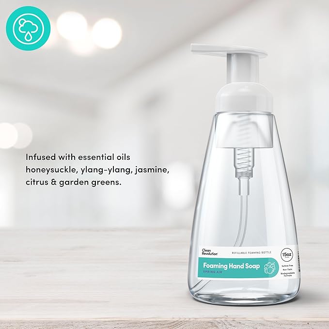 Clean Revolution Ready to Use Foaming Hand Soap | Three Pack | Jumbo 15oz Bottles | Gentle, Moisturizing & Eco-Friendly | Real Essential Oils | Spring Air | 45 Total Fl Oz, Clear