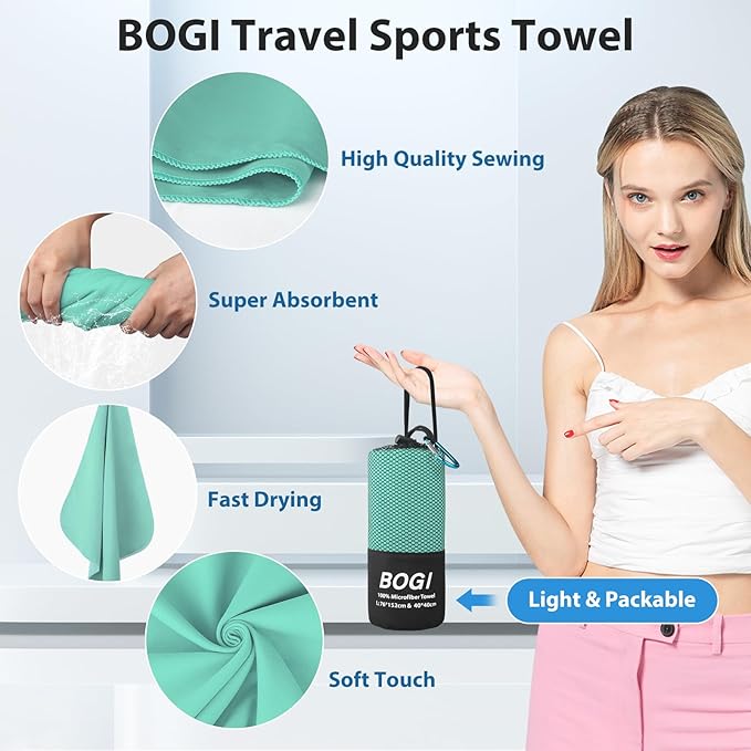 BOGI Microfiber Travel Sports Towel-Quick Dry Travel Towel,Soft Lightweight Absorbent Compact Sports Towel for Camping Gym Beach Bath Yoga Swimming Backpacking (M:40''x20''-Mint)