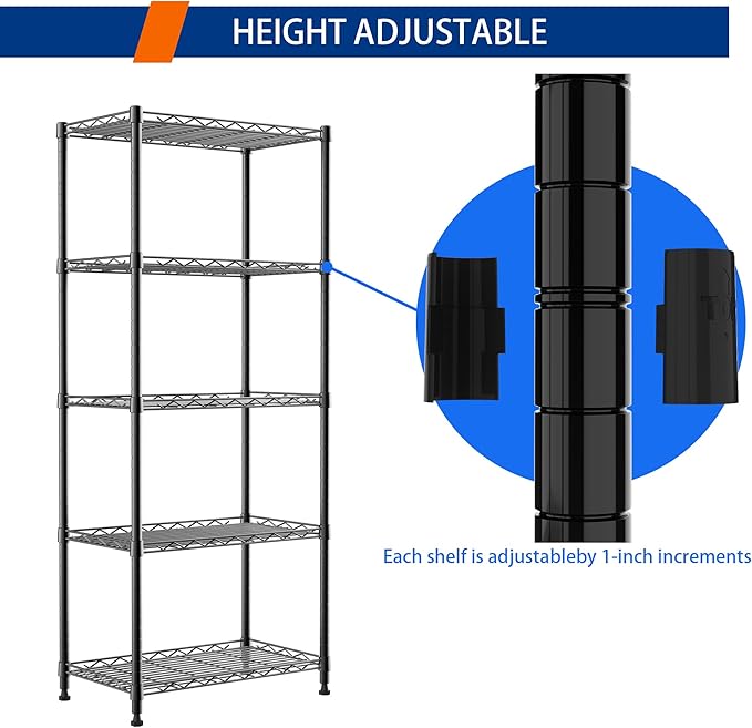 REGILLER 5-Wire Shelving Metal Storage Rack Adjustable Shelves,Standing Storage Shelf Units for Laundry Bathroom Kitchen Pantry Closet(Black,11.8" D x 21.2" W x 53.5" H)