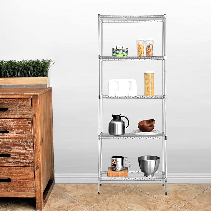 BestOffice | 5-Tier Wire Storage Shelves | 14x24x60 | Chrome | with Adjustable Racks | Heavy-Duty Metal Shelf, Holds Upto 750 lbs | No-Tool Assembly | Ideal for Home & Garage Shelving