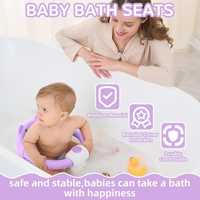 Baby Bath Seat for Babies 6 Months & up, Non-Slip Toddler Bath Seats for Babies Sitting Up, Safe Infant & Newborn Bathtub Chair with 4 Suction Cups & Soft Cushion for Shower,Lavender