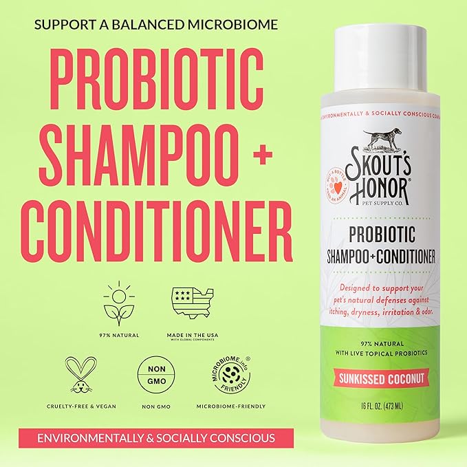 Skout's Honor Probiotic Dog Shampoo & Conditioner with Avocado Oil & Omega-3s, 97% Natural, Paraben & Sulfate-Free, Cruelty-Free, 16oz, Sunkissed Coconut