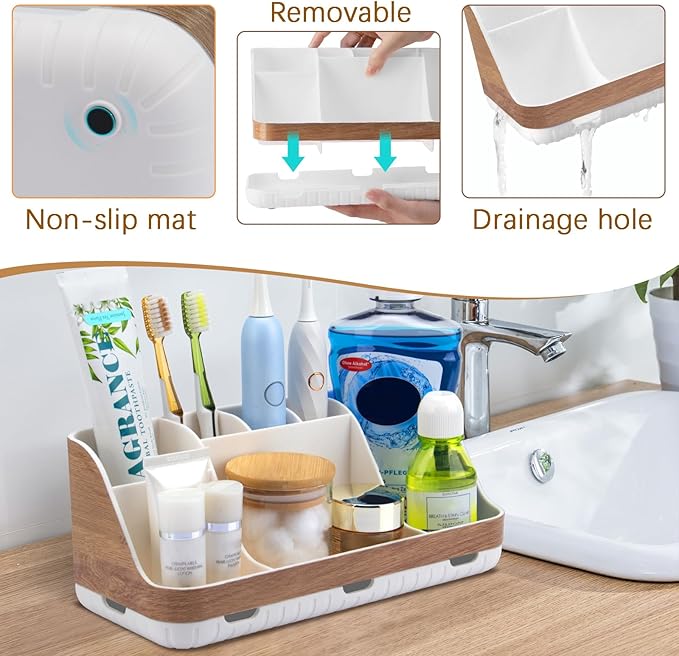 Bathroom Countertop Organizer - Detachable 7 Slots Kids Electric Toothbrush and Toothpaste Holde Drainage for Bathroom Accessories Organization Counter Vanity Storage, Woodgrain