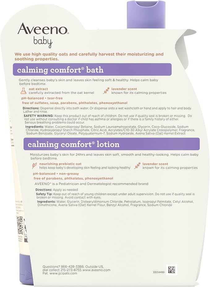 Aveeno Baby Calming Comfort Bath & Body Lotion Set, Nighttime Baby Skin Care Products with Nourishing Oatmeal Plus Relaxing Lavender & Vanilla Scents, Paraben- & Phthalate -Free, 2 Items