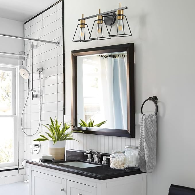Industrial Bathroom Vanity Lights: 3-Light Black and Gold Vintage Metal Cage Wall Sconce - Rustic Farmhouse Wall Light Fixture Over Mirror Cabinet for Bedroom Living Room