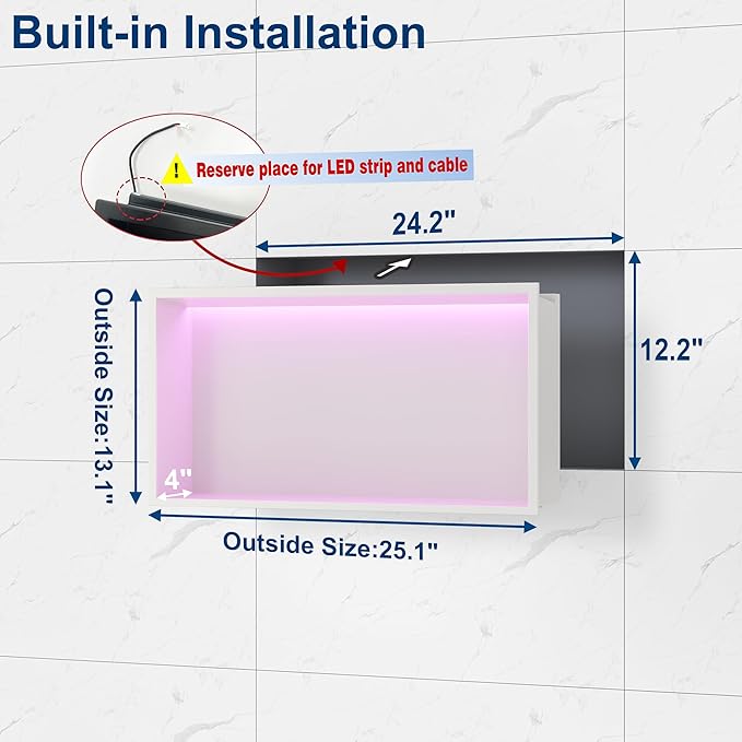 White Stainless Steel Shower Niche 24x12Inch, Dimmable RGB Led Light Wall Niche, No Tile Needed Recessed Niches for Bathroom Storage Built-in Installation