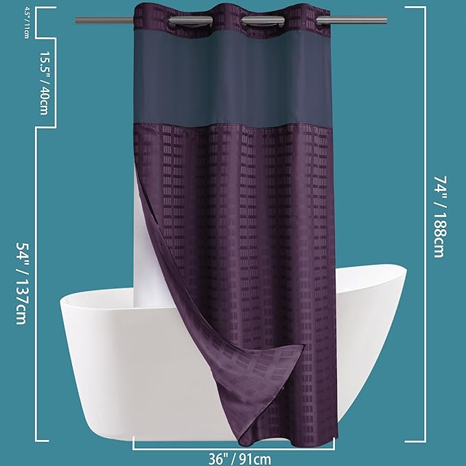 Conbo Mio Stall No Hook Shower Curtain with Snap in Liner Set, Hotel Luxury Purple Shower Curtains for Bathroom with See Through Top Window, Waterproof, Washable 36W x 74H