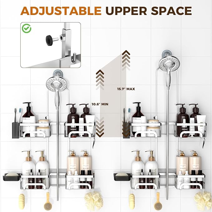 REINHARDT Adjustable Shower Caddy Hanging Split Shower Caddy for Handheld Showerheads, Rustproof Shower Organizer with Hooks for Razor Over the Head Caddy with Soap Holder Bathroom Accessories, Silver