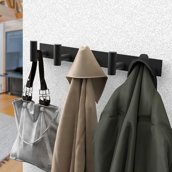 PMMASTO Coat Rack Wall Mounted, 5 "T Shaped Wall Hooks for Hanging, Heavy Duty Stainless Steel Coat Hook Rail for Hat Towel Robes in Bathroom Kitchen Mudroom Entryway (Black, 1 Pack)