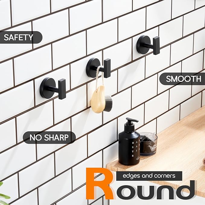 Robe Hook Matte Black Bath Towel Hooks Stainless Steel Wall Hooks for Bathroom Kitchen Closet Garage Door Hanger 3 Pack, AN1001MB-P3