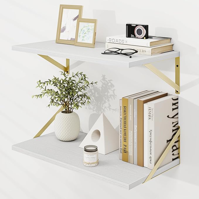 Dreamland Gold Shelves for Wall, White Wood Wall Mounted Shelves, Large Floating Shelf 12 * 24 inch Set of 2 for Bookshelf Living Room Bedroom Home Office Bathroom