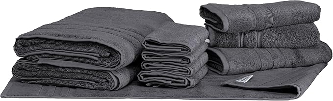 Mosobam Luxury Turkish 10pc Deluxe Bath Bundle Body Hand Face Towel and Mat Charcoal Gray (Dark Grey) 700 GSM & 1000 GSM Bamboo Viscose & Aegean Turkish Combed Cotton
