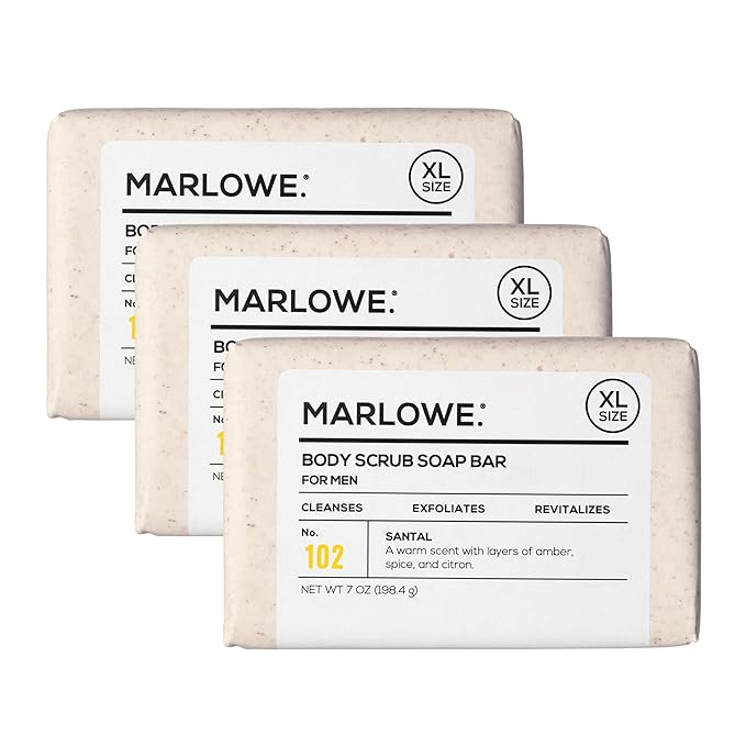MARLOWE. No. 102 Body Scrub Soap 7 oz (3 Bars), Santal, Exfoliating Soap Bar with Shea Butter, Olive Oil & Green Tea Extracts, Cleanses, Smooths & Revitalizes Skin, Warm Amber, Spice & Citron Scent