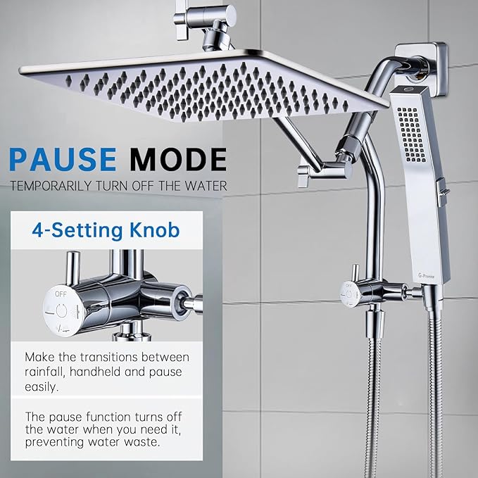 G-Promise All Metal 12 Inches Rain Shower Head with Handheld Built-in Power Wash Mode, 3-way Diverter with Pause Setting, 11 Inches Adjustable Extension Arm with Lock Joint, Long Hose (Chrome)