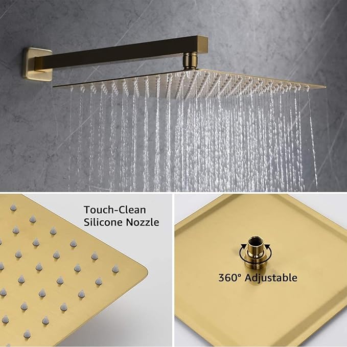 Iriber Thermostatic Shower System Wall Mount with 12 Inch Rainfall Shower Head and Handheld Bathroom Champagne Bronze Shower Set Contain Shower Faucet Mixer Trim Kit (Valve Included),Brushed Gold
