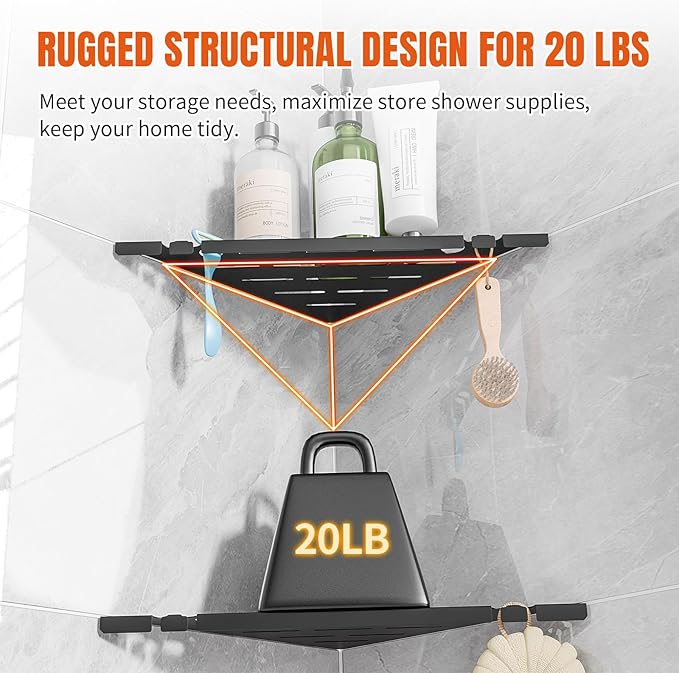 Shower Corner Shelf Organizer Rack with Hooks & Razor Hole, No Drilling Tile Shower Shelves, Rustproof Stainless Steel Bathroom Shelves Basket, Modern Corner Shelf for Bathroom, 2Pack-Black