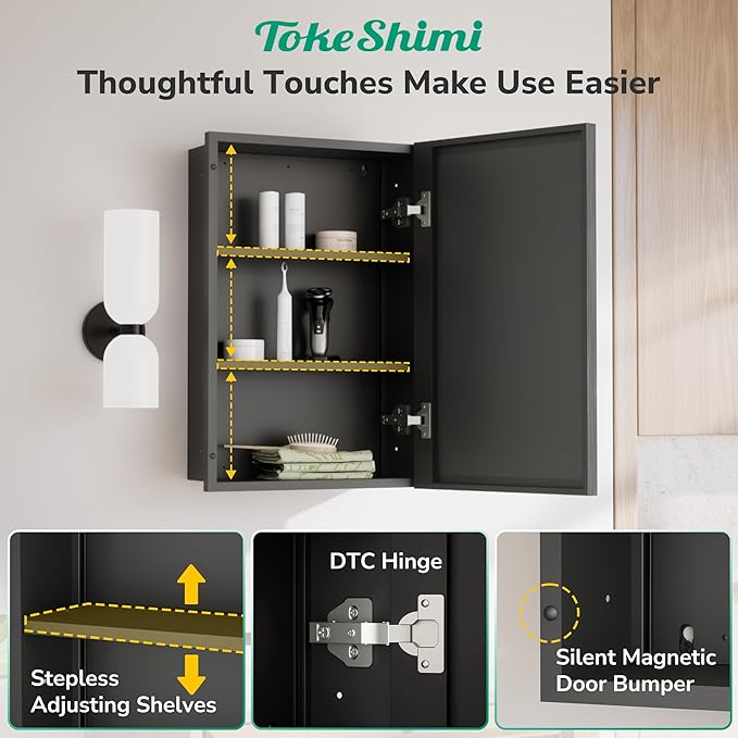 TokeShimi 24x30 Recessed Medicine Cabinet with Mirror Wall Mounted, Metal Beveled Mirror with Storage for Bathroom Vanity, Aluminum Alloy Medicine Cabinet Mirrored Black