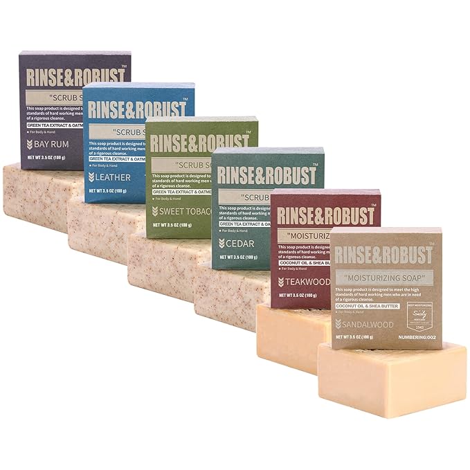 Rinse & Robust Mens Natural Bar Soap 6Pcs Handmade Cleansing Soap Bar Set Moisturizing&Exfoliating Scrub Soap Gifts for Men 6 Different Scents 3.5 oz of 6 Bars