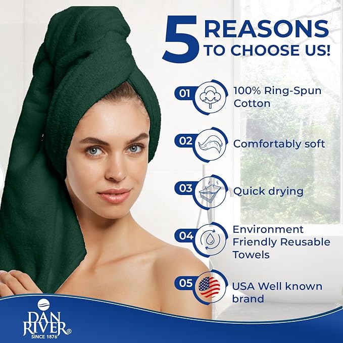 DAN RIVER 8 PC Luxury Bath Towels for Bathroom, 2 Bath, 2 Hand, and 4 Wash Cloths, 600 GSM 100% Ring Spun Cotton Towel Set, Highly Absorbent, Gym, Hotel, and Spa, Hunter Green