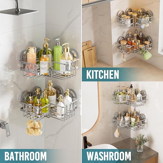 TAILI Corner-adaptive Suction Cup Shower Caddy 2 Pack, Stainless Steel Rustproof Corner Shower Shelves, Drill-Free Wall Mounted Baskets, Large Capacity, Removable Suction Cup Bathroom Organizer, Gray