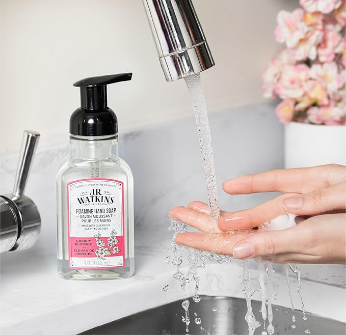 J.R. Watkins Foaming Hand Soap Pump with Dispenser, Moisturizing Foam, Alcohol-Free, Cruelty-Free, Use as Kitchen or Bathroom Soap, Cherry Blossom, 9 fl oz, 3 Pack