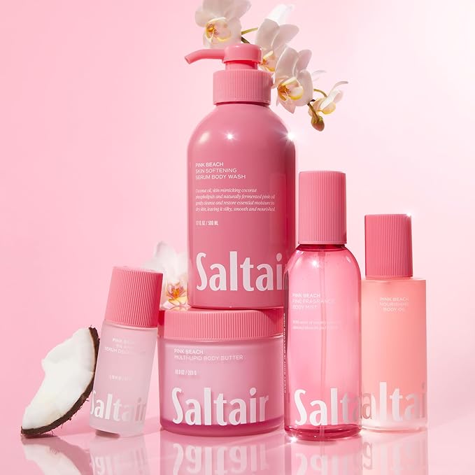 Saltair Body Wash, Pink Beach 2-Pack. Moisturizing Body Cleanser with Monoi Oil and Cupuacu Butter. Luxury Shower Gel for Women and Men. Vegan, Cruelty-Free, Paraben-Free. 2x 17oz Pump Bottles
