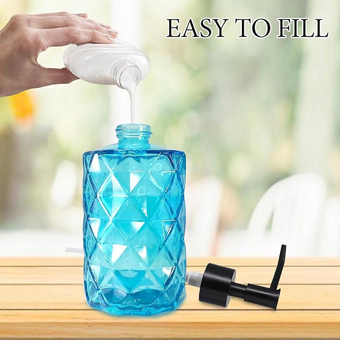 Clear Ocean Blue Glass Soap Dispenser with Plastic Pump, 2 Pack 12oz Diamond Design Bathroom Soap Dispenser for Hand Wash, Lotion Dispenser & Dish Soap Dispenser for Kitchen and Bathroom