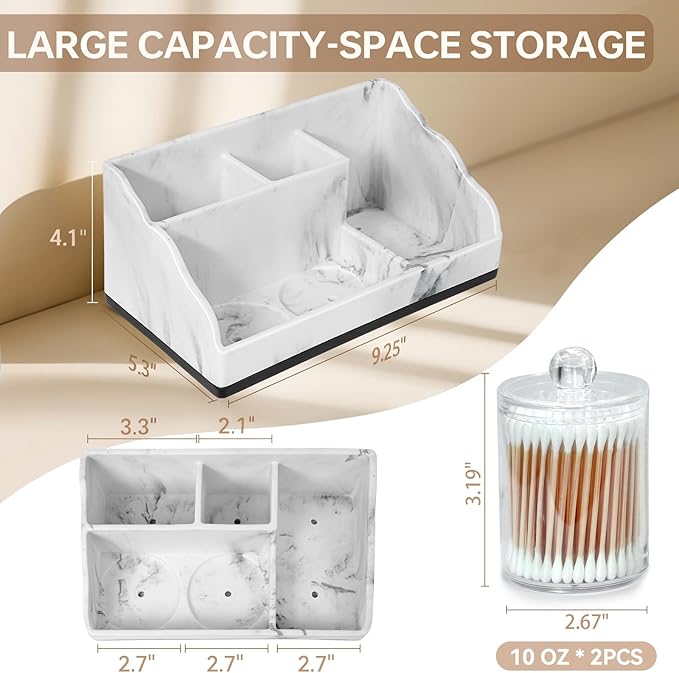 Marble Bathroom Countertop Organizer, Toothbrush Holders for Bathroom with 2PCS Qtip Holder Dispenser and Toothpaste Holder Drainage for Bathroom Accessories Organization Counter Vanity Storage