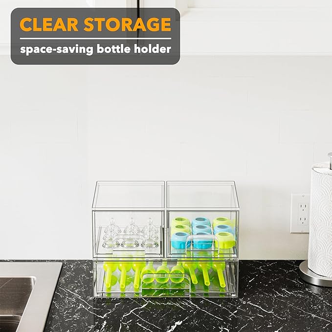 SpaceAid Bottle Storage Organizer Baby - Acrylic Bottles Station Organizer Container, Stackable Clear Drawers for Countertop, Vanity, Bathroom, Cabinet, Pantry Organization, 3 Pack, 2S1L, 7.8"H