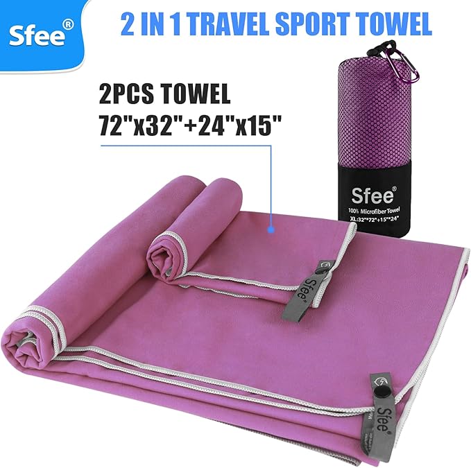 Sfee 2 Pack Microfiber Travel Towel, Quick Dry Towel Camping Towel Large Beach Towel Super Absorbent Compact Lightweight Sports Gym Towels Set for Beach, Gym, Hiking, Pool, Backpacking,Bath,Yoga