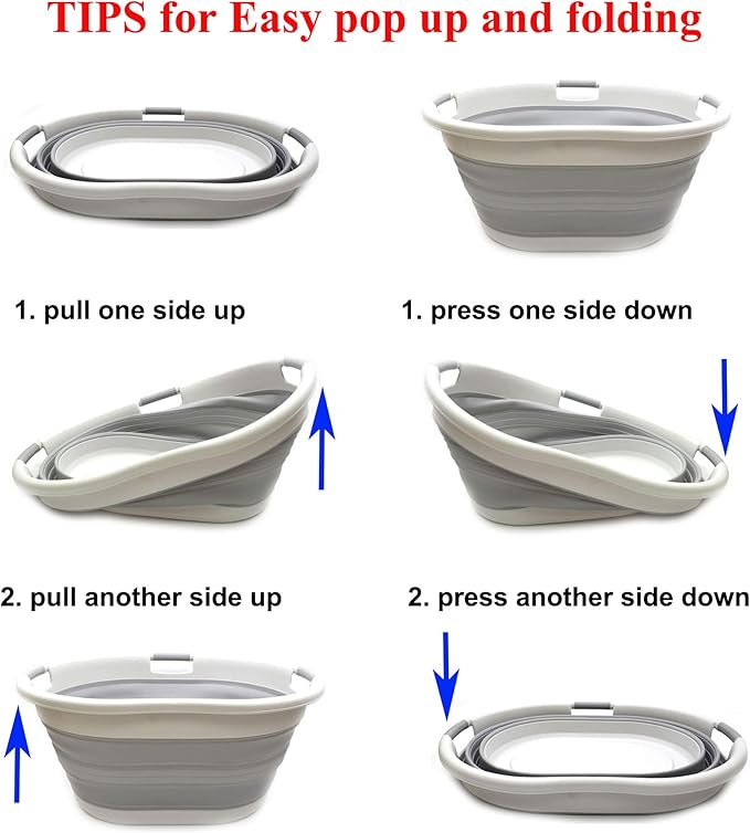 SAMMART 57L (15 Gallons) Collapsible 3-Handled Plastic Laundry Basket - Oval Tub - Portable Washing Tub-Space Saving Laundry Hamper, Water Capacity 44L / 11.6 Gallon (1, Grey)