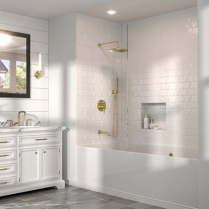 Lava Odoro Modern 3-Setting Round Rain Bathtub and Shower Faucet Set, Gold Rainfall Shower Head and Handle Set, Rain Shower System with Tub Spout, Shower Valve Trim Kit, Brushed Gold, SF104-SG-T