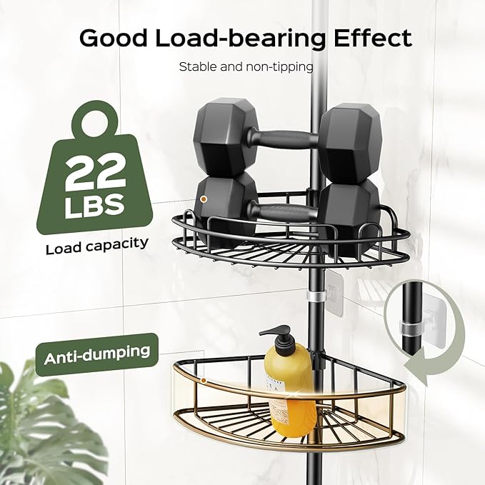 HAMITOR Corner Shower Caddy Tension Pole: 4-Tier Rust-Resistant Adjustable Bathroom Organizer Shelves - 47-121 Inch No-Drill Quick Installation - Space-Saving Storage for Renters Families - Black