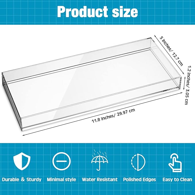 Maitys 3 Pcs Acrylic Vanity Tray Bathroom Tray for Serving Vanity Makeup Organizer Clear Hand Towel Kitchen Countertop Makeup Perfume Cosmetics Organizer Valentine Gift (11.8 x 5 Inch)