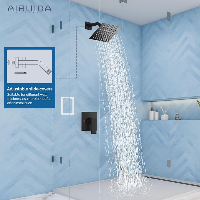 Airuida Shower Faucet Set Bathroom Rain Shower System SUS304 Stainless Steel Single Handle With Male Threads Rough-in Valve Shower Trim Kit 6 Inch Wall Mount Shower Head Matte Black