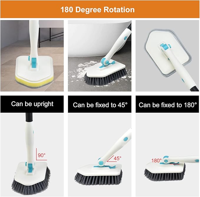 Long Handled Scrub Brush for Shower,3-in-1 Cleaning Brushes with 3 Different Function Cleaning Heads Brush for Shower Cleaning Bathroom Kitchen Walls Tub Tile (White)