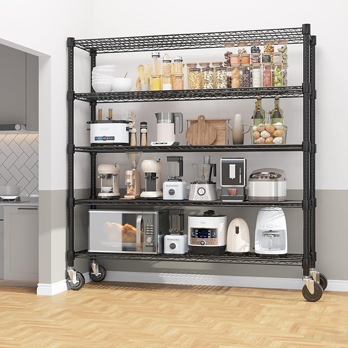 Homdox 5 Tier Heavy Duty Metal Wire Shelving with Wheels, 3000 lbs Capacity Garage Storage Rack, Rolling Industrial Storage, Adjustable Commercial Shelves for Kitchen, Warehouse, 18"x60"x82", Black
