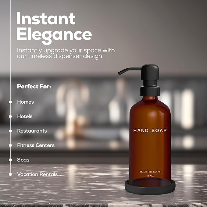 Amber Glass Hand Soap Dispenser Bathroom Set by Brighter Barns - Refillable Liquid Hand Soap Dispenser Tray and Pump Set for Kitchen - Modern Bathroom Decor & Accessories for Airbnb, RV, Hotel (Amber)