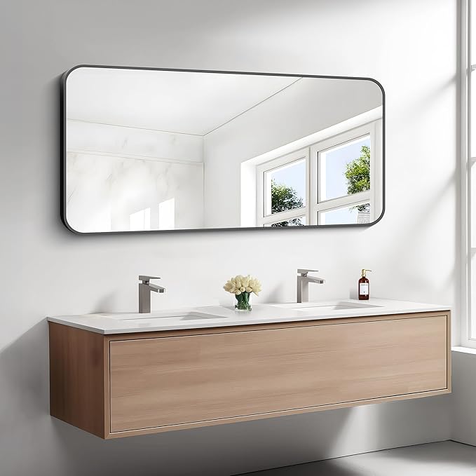 BONEWEI 24x48 inch Bathroom Mirror,Black Rectangle Mirror,Wall Mounted Bathroom Frame Vanity Mirror with Round Corner for Bedroom Living Room, Entryway Hangs Horizontal or Vertical