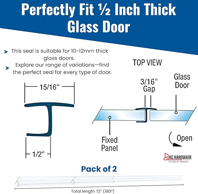 Frameless Shower Door Side Seal Strip H-Type 180 Degree 72'' Length, Clear (2, 1/2'' Glass)
