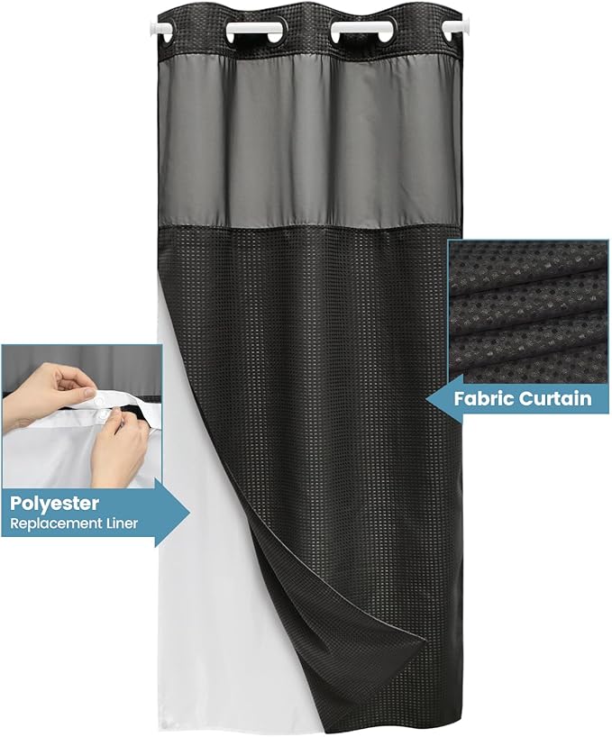 Stall No Hook Shower Curtain with Snap in Liner,230GSM Waffle Weave Shower Curtains for Bathroom,36W x 74H,Black