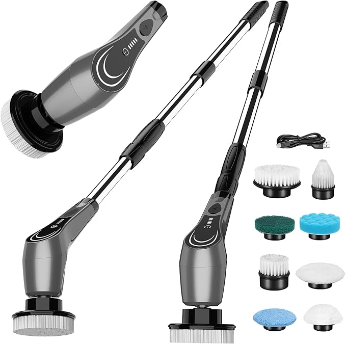 Gray Electric Spin Scrubber, Cordless Spin Scrubber with 8 Replaceable Brush Heads, Electric Scrub Brush with Adjustable Extension Handle, Electric Cleaning Brush for Bathroom, Tile and Bathtub