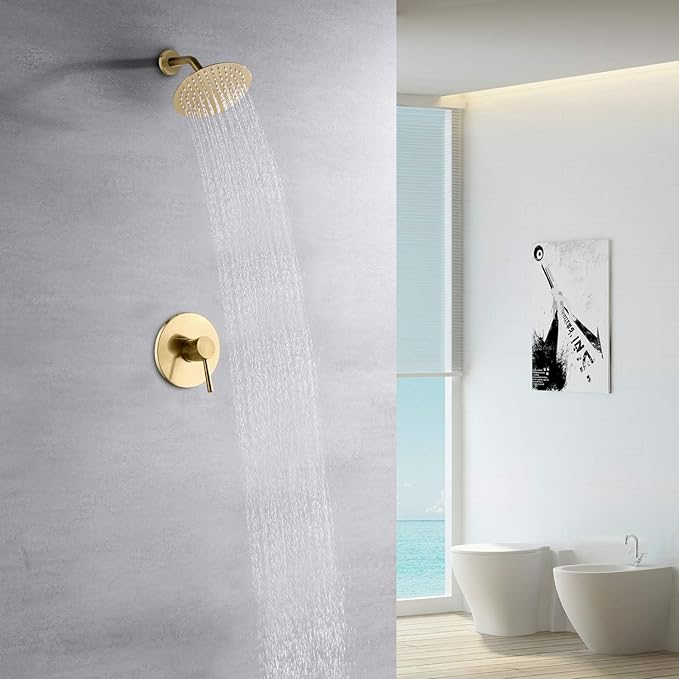 sumerain Brushed Gold Shower Faucet Set with 8 Inches Stainless Steel Rain Shower Head, Solid Brass Rough In Valve