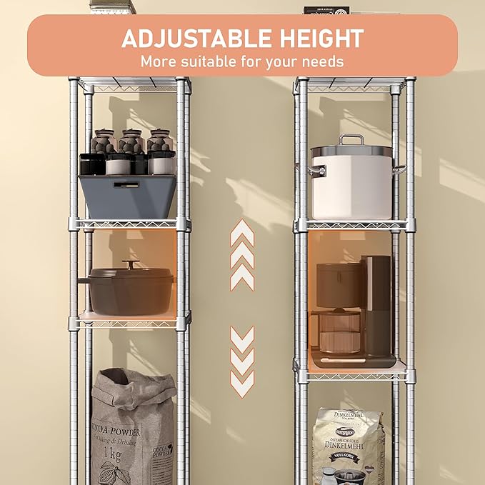 Storage Shelves Adjustable, 4 Tier Shelving Units for Storage with Wheels, Corrosion Resistant Wire Shelving Unit for Kitchen Closet Bathroom Office, Chrome 11.8" D x 11.8" W x 48.1" H
