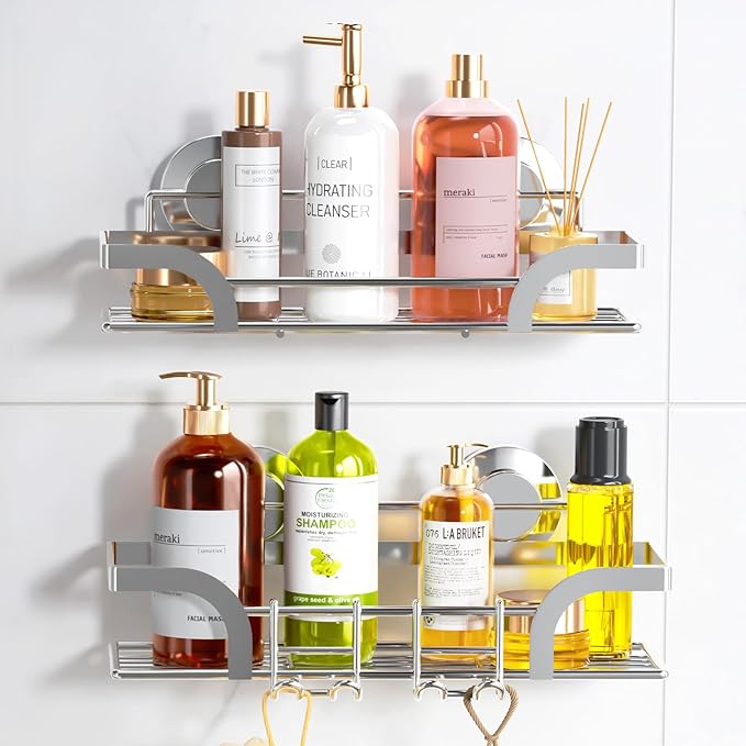 LEVERLOC 2 Pack Shower Caddy Suction Cup, Shower Shelves for Inside, Rustproof Metal Bathroom Storage NO-Drilling Bath Organizer with Large Capacity,Heavy Duty Storage Basket,Home Decor,Silver